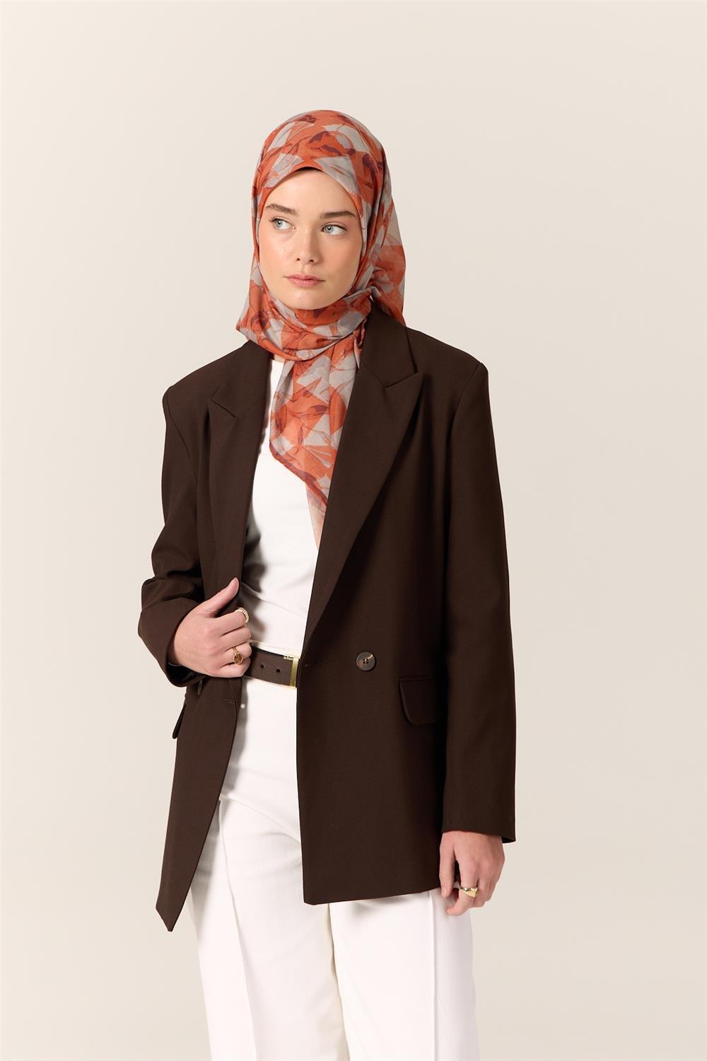 İnce Pamuk Soft Eşarp Turuncu-Mürdüm Desenli Kaymaz Dokulu Tok Duruşlu 90x90