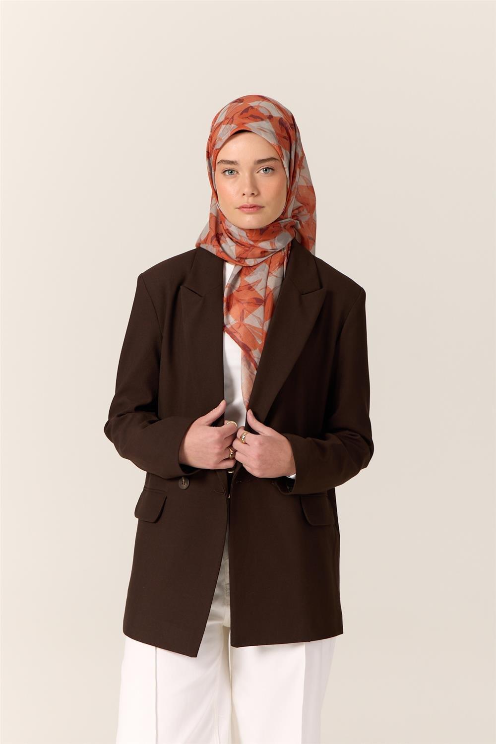 İnce Pamuk Soft Eşarp Turuncu-Mürdüm Desenli Kaymaz Dokulu Tok Duruşlu 90x90