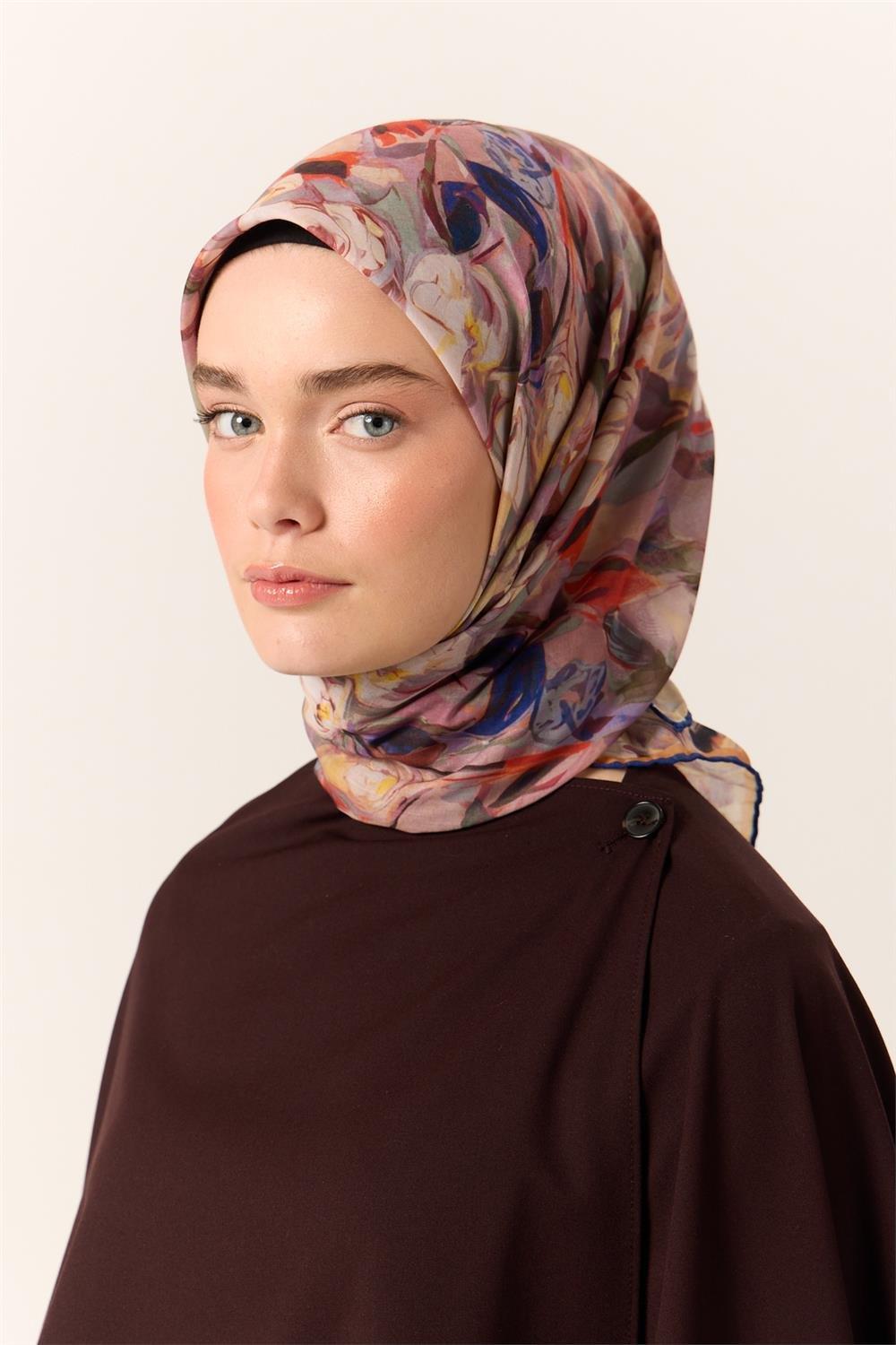 İnce Pamuk Soft Eşarp Turuncu-Pembe Desenli Kaymaz Dokulu Tok Duruşlu 90x90