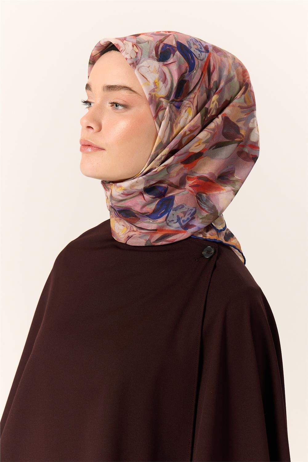 İnce Pamuk Soft Eşarp Turuncu-Pembe Desenli Kaymaz Dokulu Tok Duruşlu 90x90