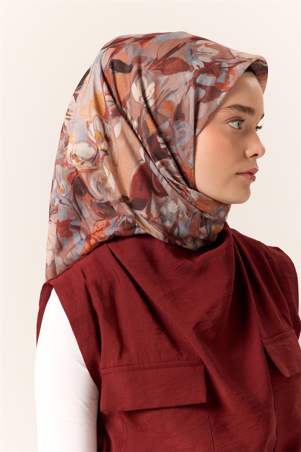 İnce Pamuk Soft Eşarp Taba-Kiremit Desenli Kaymaz Dokulu Tok Duruşlu 90x90