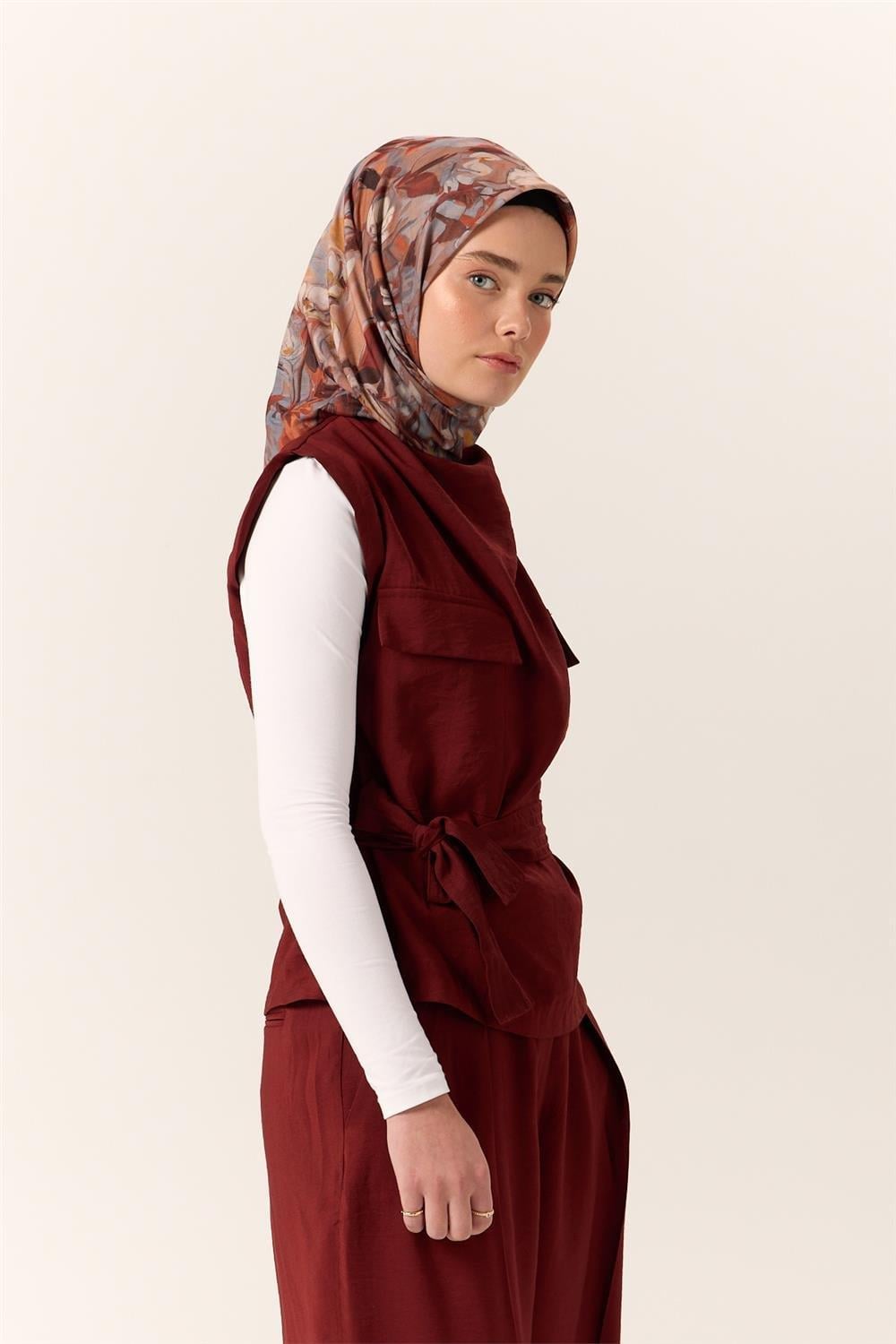 İnce Pamuk Soft Eşarp Taba-Kiremit Desenli Kaymaz Dokulu Tok Duruşlu 90x90