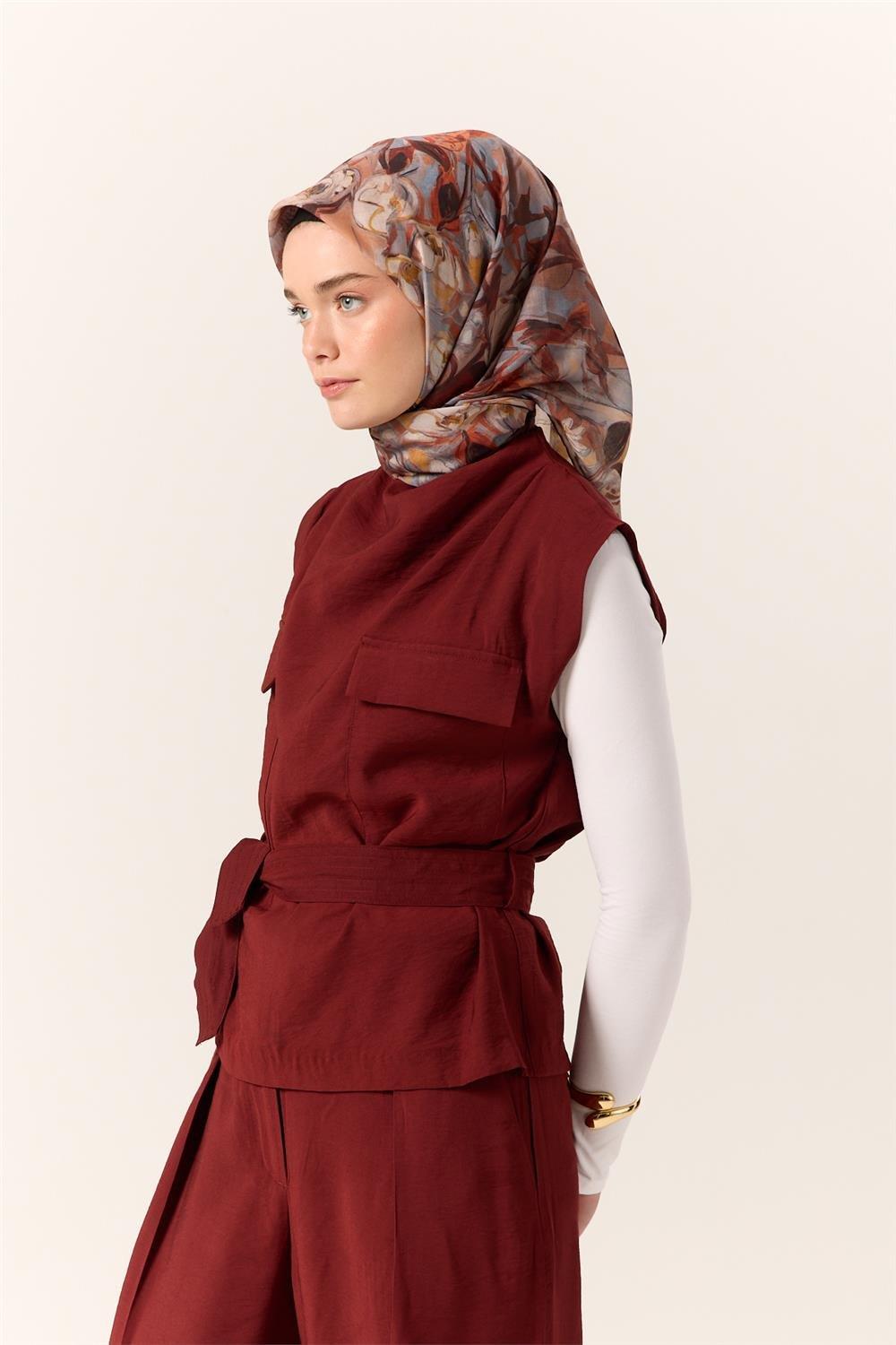 İnce Pamuk Soft Eşarp Taba-Kiremit Desenli Kaymaz Dokulu Tok Duruşlu 90x90