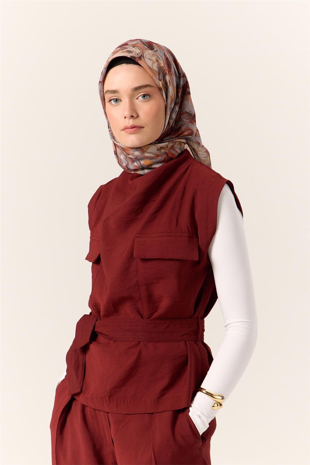 İnce Pamuk Soft Eşarp Taba-Kiremit Desenli Kaymaz Dokulu Tok Duruşlu 90x90