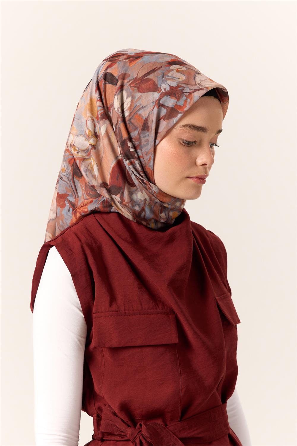 İnce Pamuk Soft Eşarp Taba-Kiremit Desenli Kaymaz Dokulu Tok Duruşlu 90x90