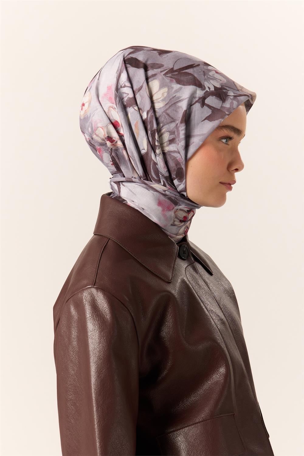 İnce Pamuk Soft Eşarp Pastel Mor-Fuşya Desenli Nefes Alan 90x90