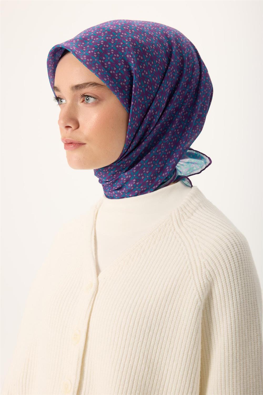 İnce Pamuk Soft Eşarp Mor-Gri-Mavi Düz Desenli Kaymaz Dokulu 90x90