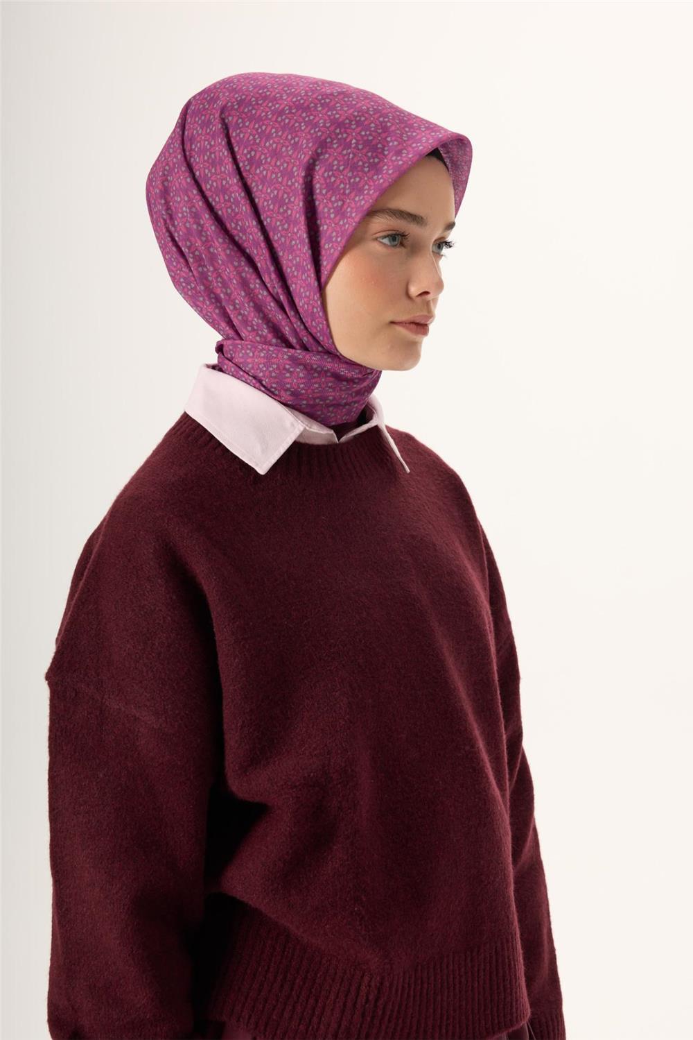 İnce Pamuk Soft Eşarp Mor-Pembe-Gri Düz Desenli Kaymaz Dokulu 90x90