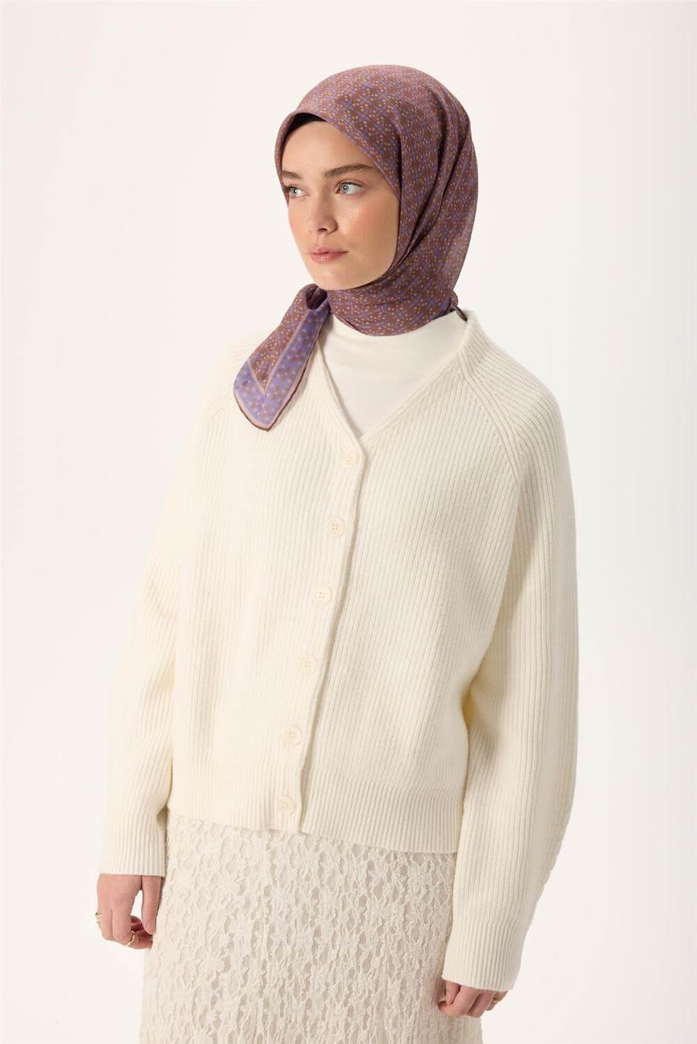 İnce Pamuk Soft Eşarp Violet-Kahverengi Vizon Desenli Kaymaz Dokulu Nefes Alan 90x90