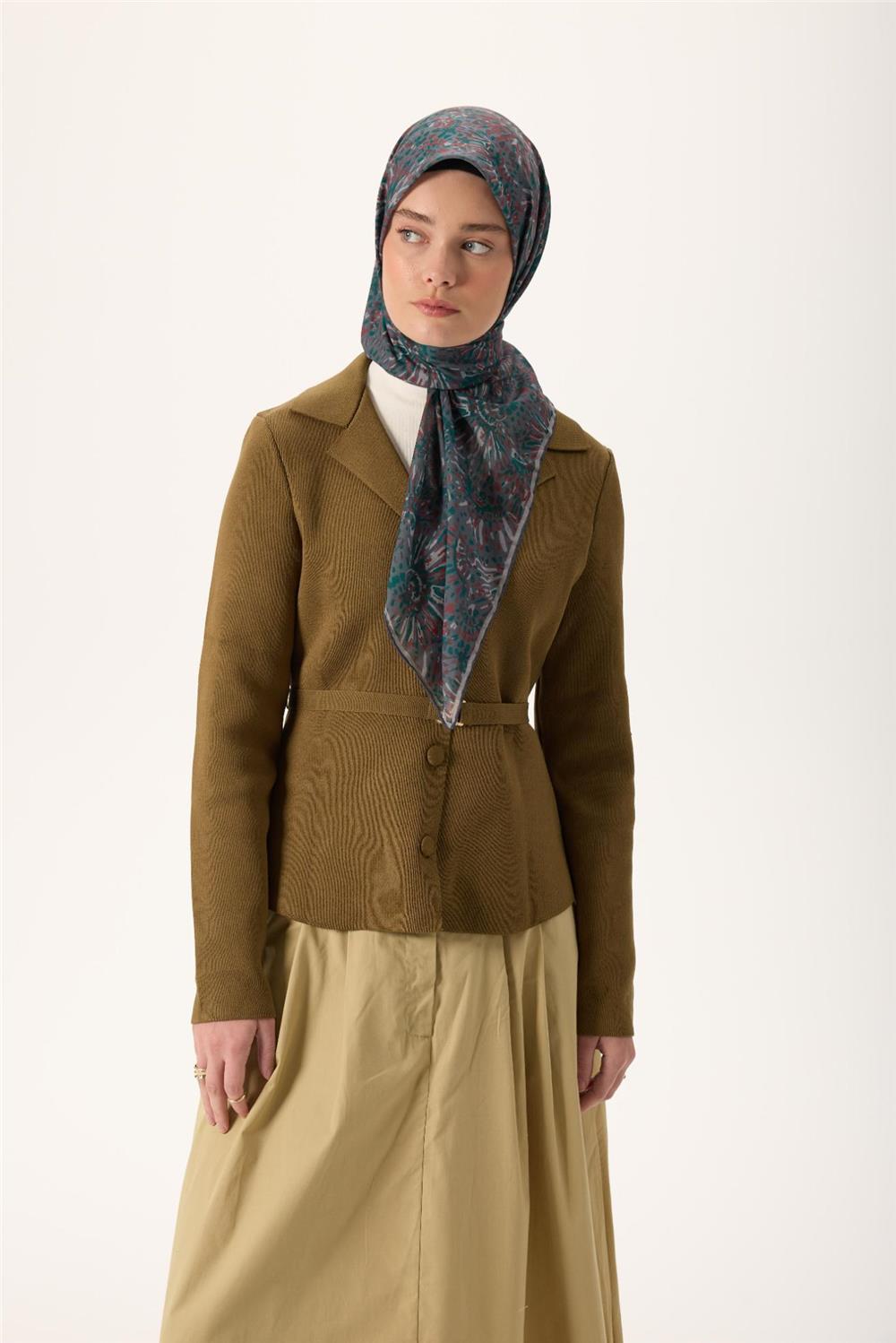 İnce Pamuk Soft Eşarp Gri-Patina Yeşili Desenli Tok Duruşlu Kaymaz 90x90