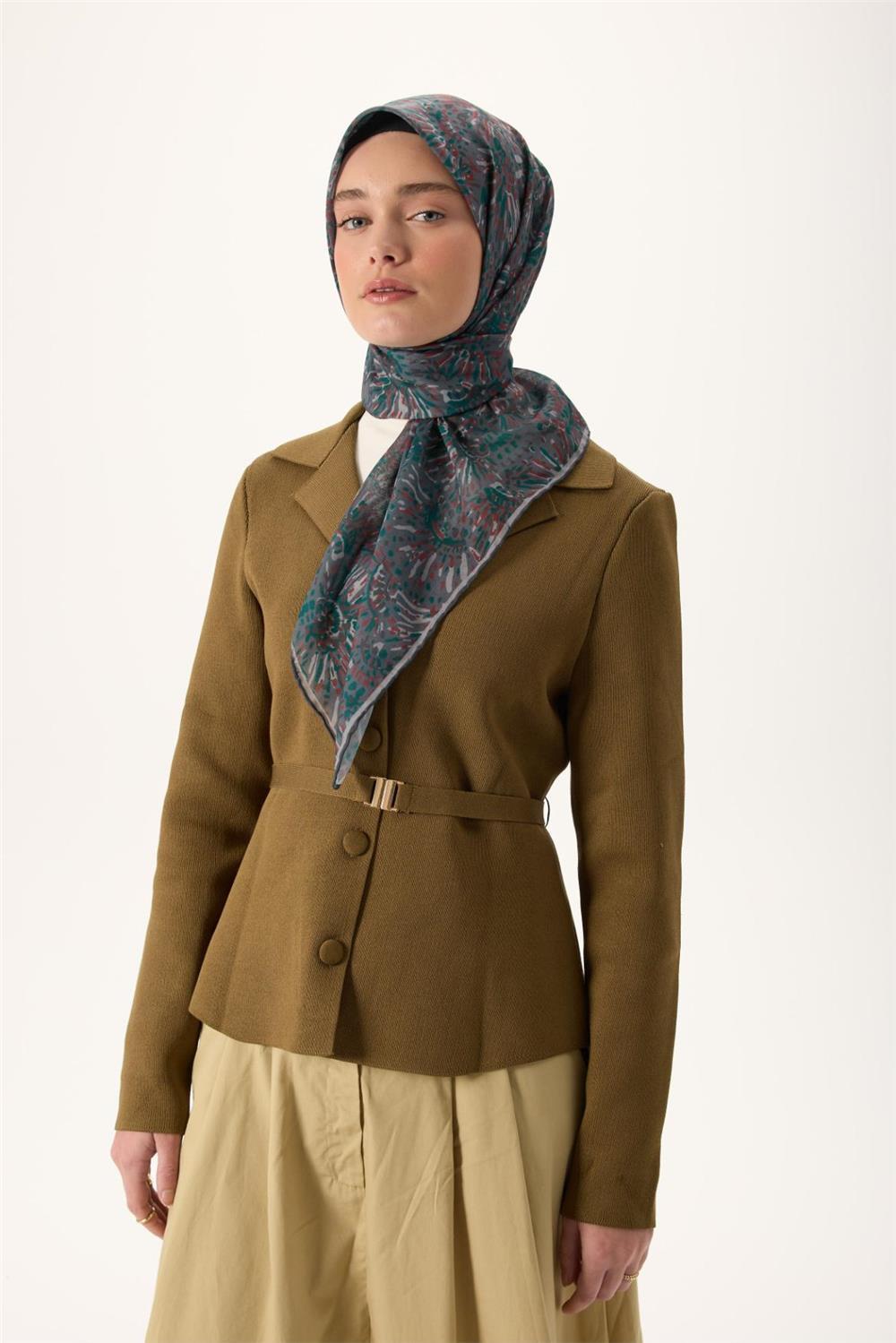 İnce Pamuk Soft Eşarp Gri-Patina Yeşili Desenli Tok Duruşlu Kaymaz 90x90