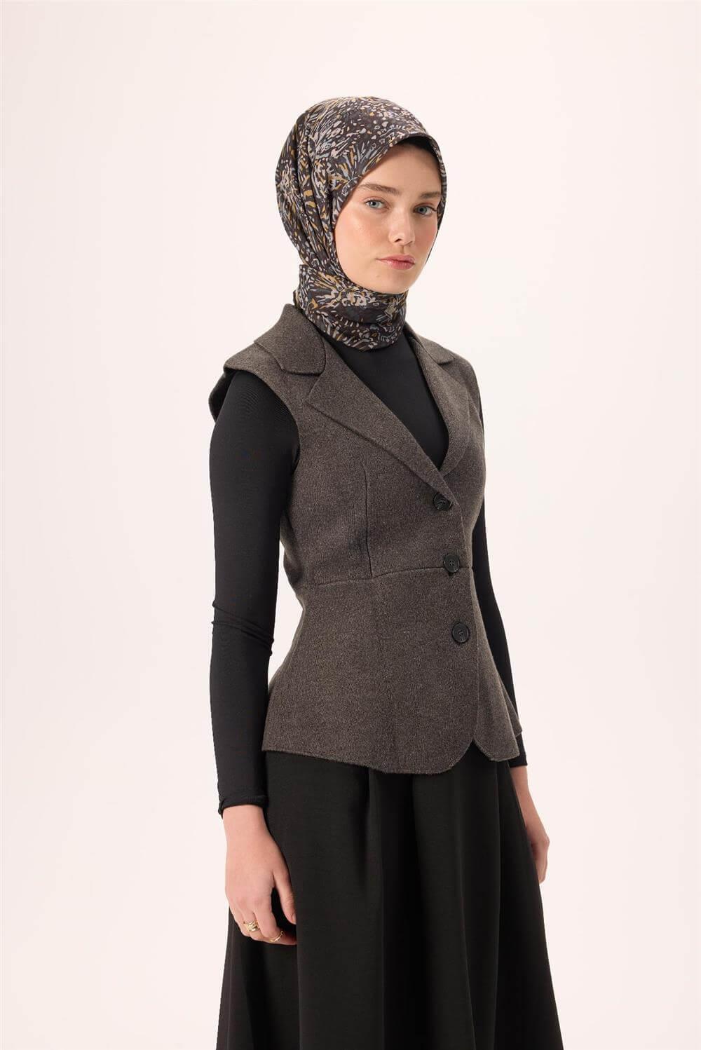 İnce Pamuk Soft Eşarp Siyah-Hardal Desenli Tok Duruşlu Kaymaz 90x90