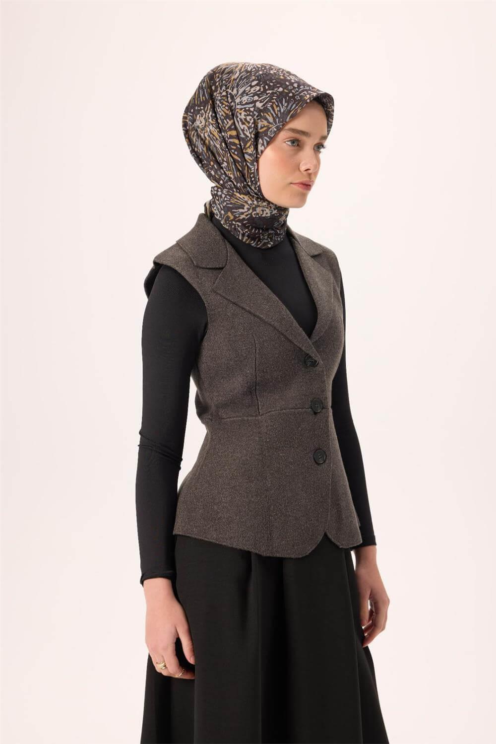 İnce Pamuk Soft Eşarp Siyah-Hardal Desenli Tok Duruşlu Kaymaz 90x90