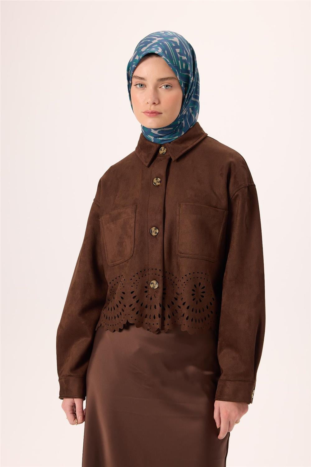 İnce Pamuk Soft Eşarp Vizon Lacivert Zümrüt Desenli Nefes Alan 90x90