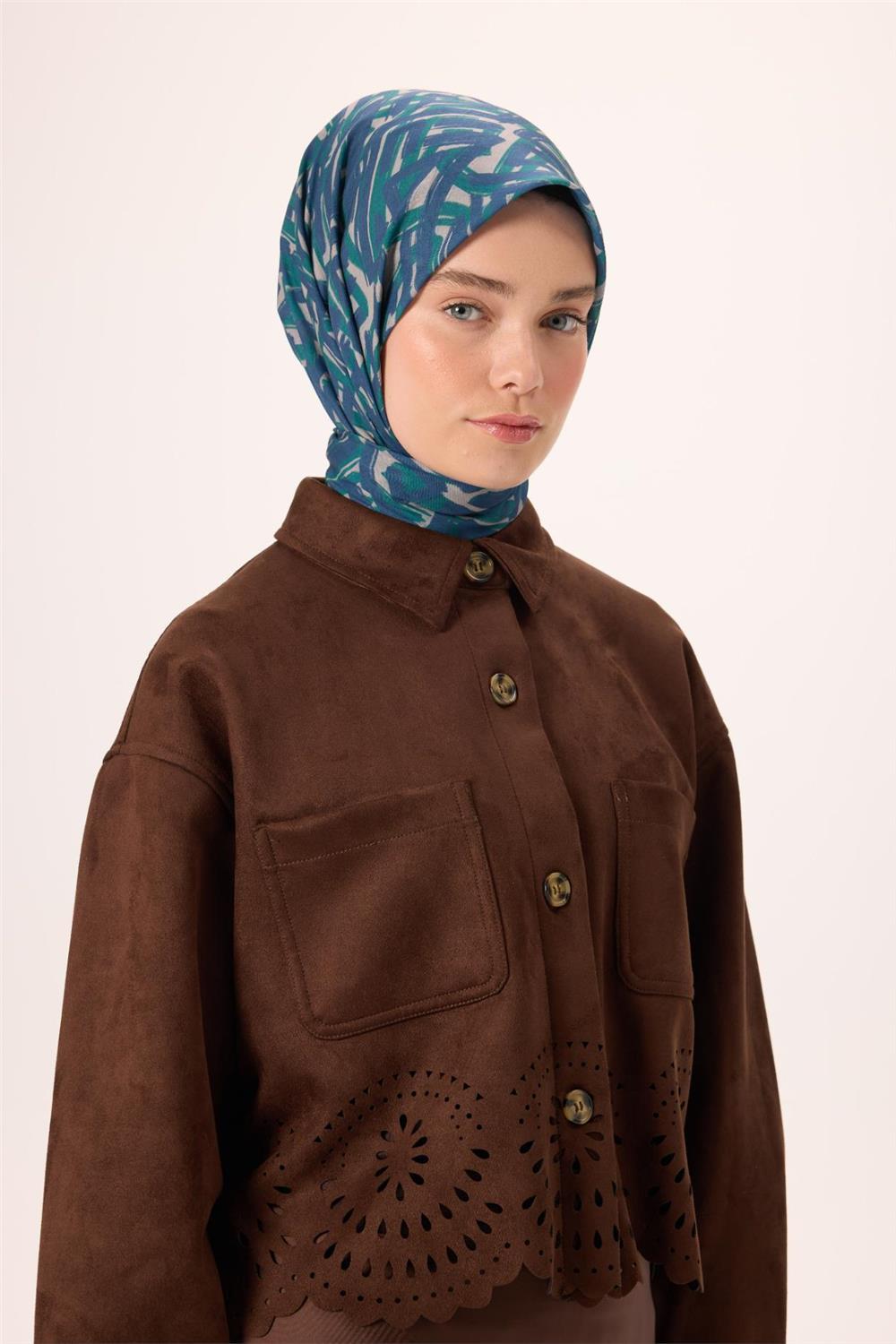 İnce Pamuk Soft Eşarp Vizon Lacivert Zümrüt Desenli Nefes Alan 90x90