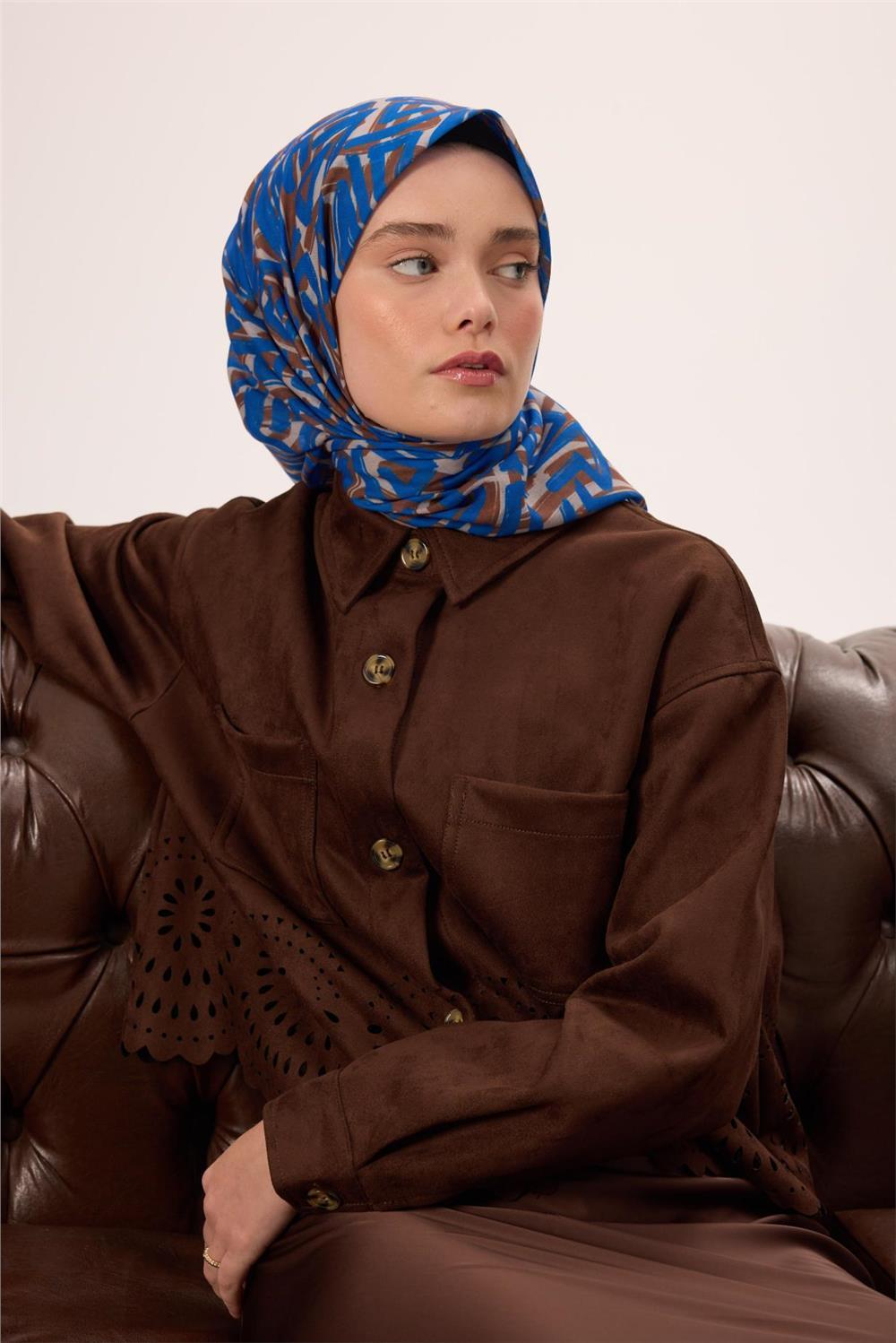 İnce Pamuk Soft Eşarp Vizon Saks Desenli Nefes Alan 90x90