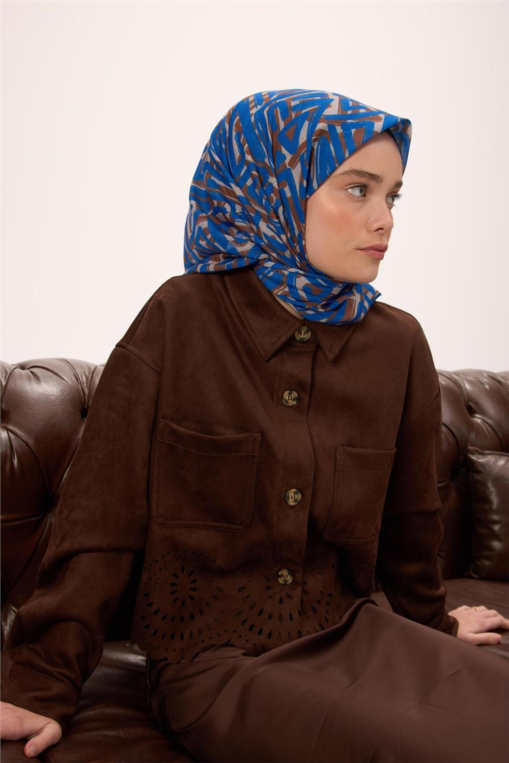 İnce Pamuk Soft Eşarp Vizon Saks Desenli Nefes Alan 90x90