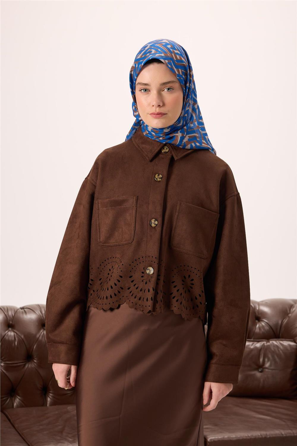 İnce Pamuk Soft Eşarp Vizon Saks Desenli Nefes Alan 90x90