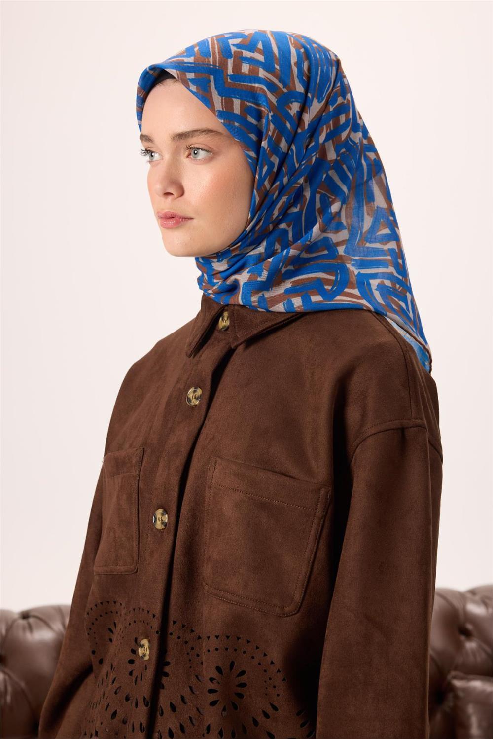 İnce Pamuk Soft Eşarp Vizon Saks Desenli Nefes Alan 90x90