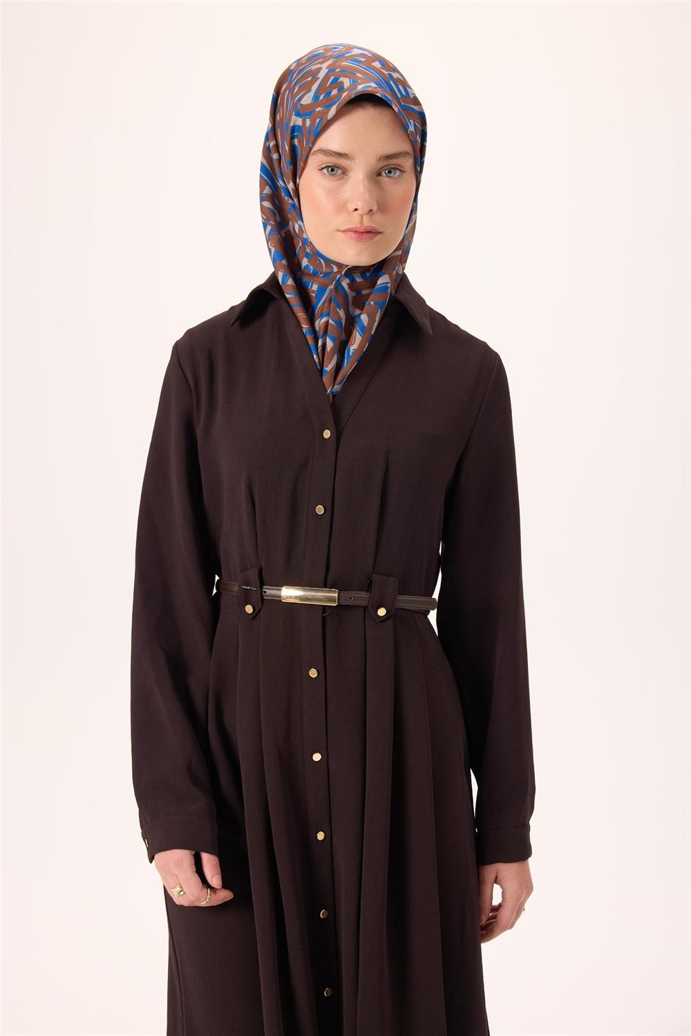 İnce Pamuk Soft Eşarp Vizon Kahverengi Saks Desenli Nefes Alan 90x90