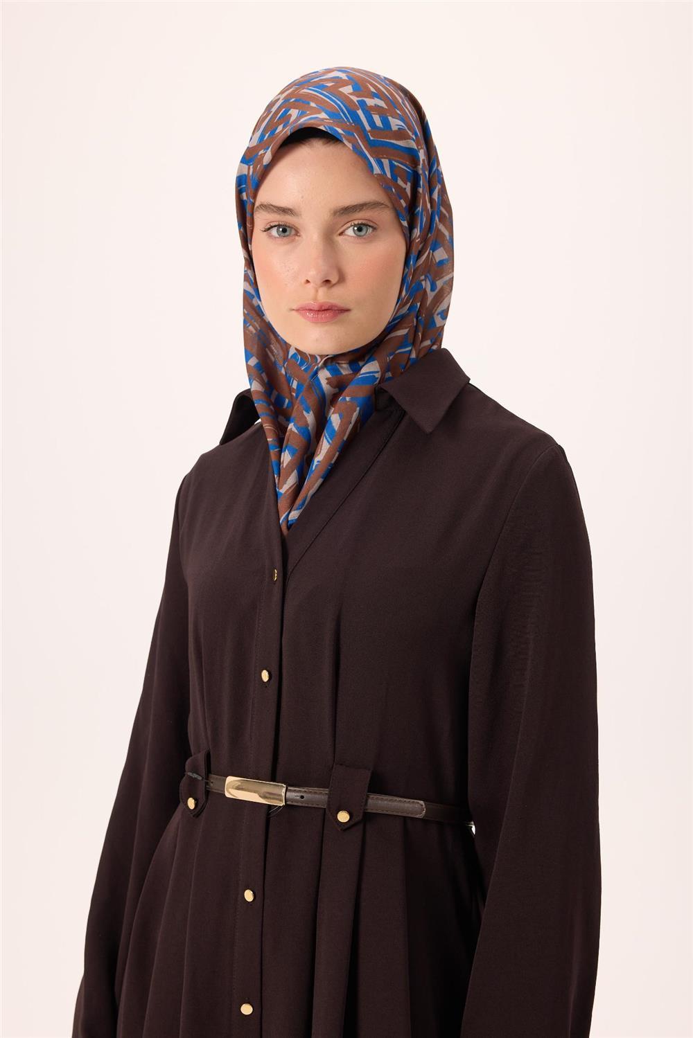 İnce Pamuk Soft Eşarp Vizon Kahverengi Saks Desenli Nefes Alan 90x90