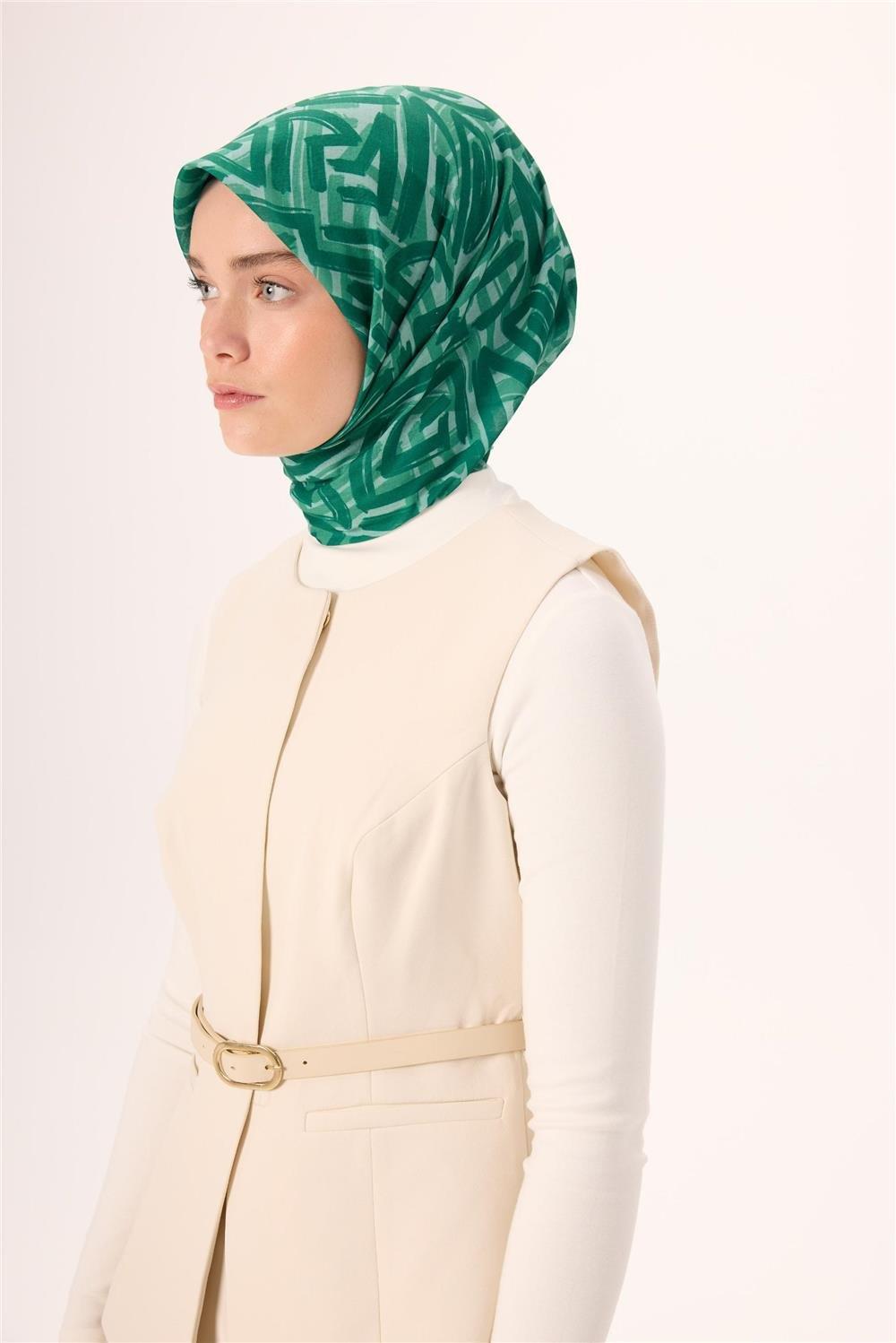 İnce Pamuk Soft Eşarp Su Yeşili Zümrüt Desenli Nefes Alan 90x90