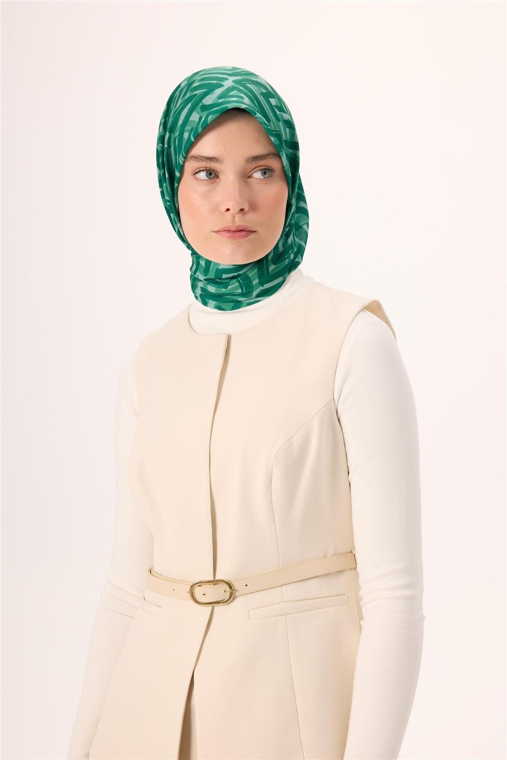 İnce Pamuk Soft Eşarp Su Yeşili Zümrüt Desenli Nefes Alan 90x90