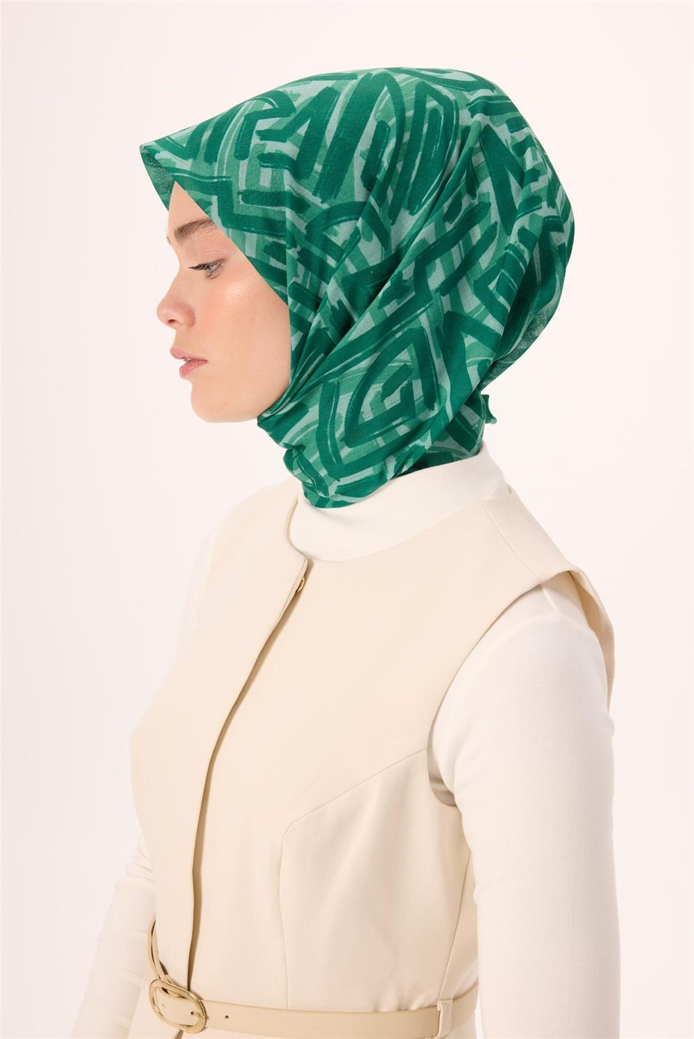 İnce Pamuk Soft Eşarp Su Yeşili Zümrüt Desenli Nefes Alan 90x90