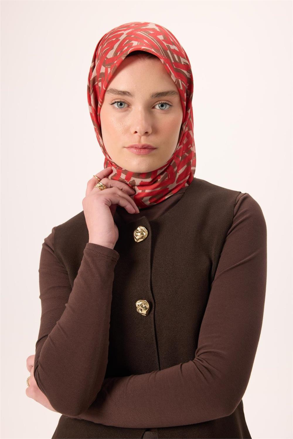 İnce Pamuk Soft Eşarp Krem Kırmızı Kahverengi Desenli Nefes Alan 90x90