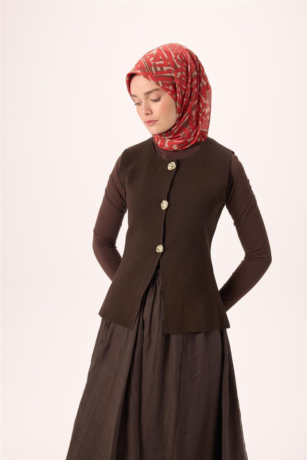 İnce Pamuk Soft Eşarp Krem Kırmızı Kahverengi Desenli Nefes Alan 90x90