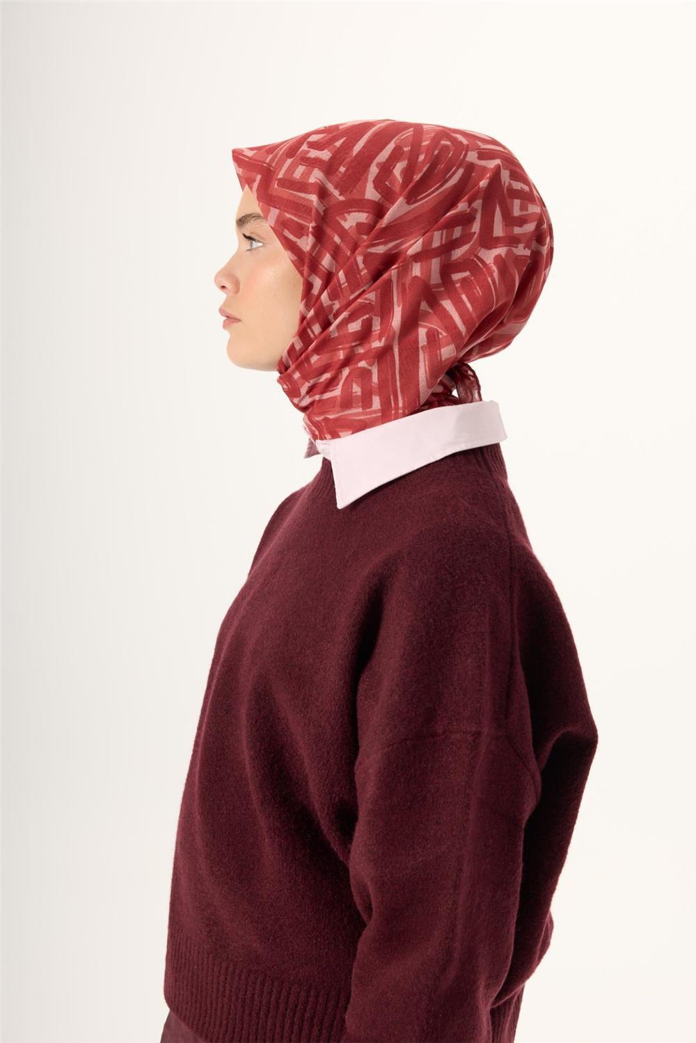 İnce Pamuk Soft Eşarp Pudra Kızıl Turuncu Şeftali Desenli Nefes Alan 90x90