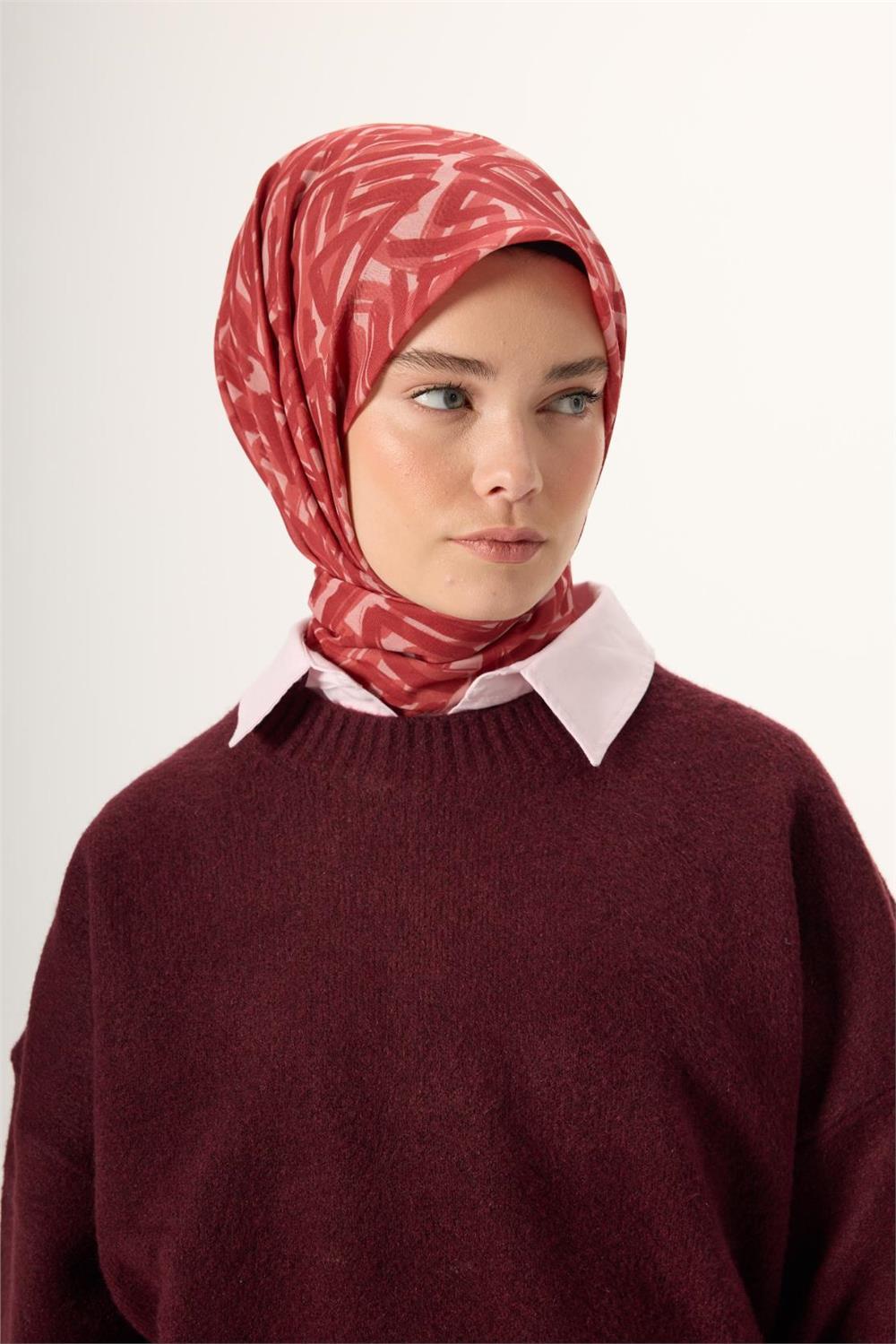 İnce Pamuk Soft Eşarp Pudra Kızıl Turuncu Şeftali Desenli Nefes Alan 90x90