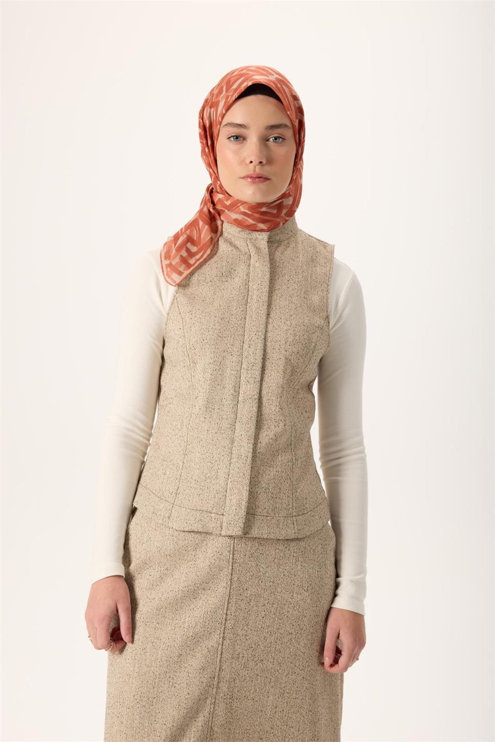 İnce Pamuk Soft Eşarp Krem Soğan Kabuğu Taba Desenli Nefes Alan 90x90