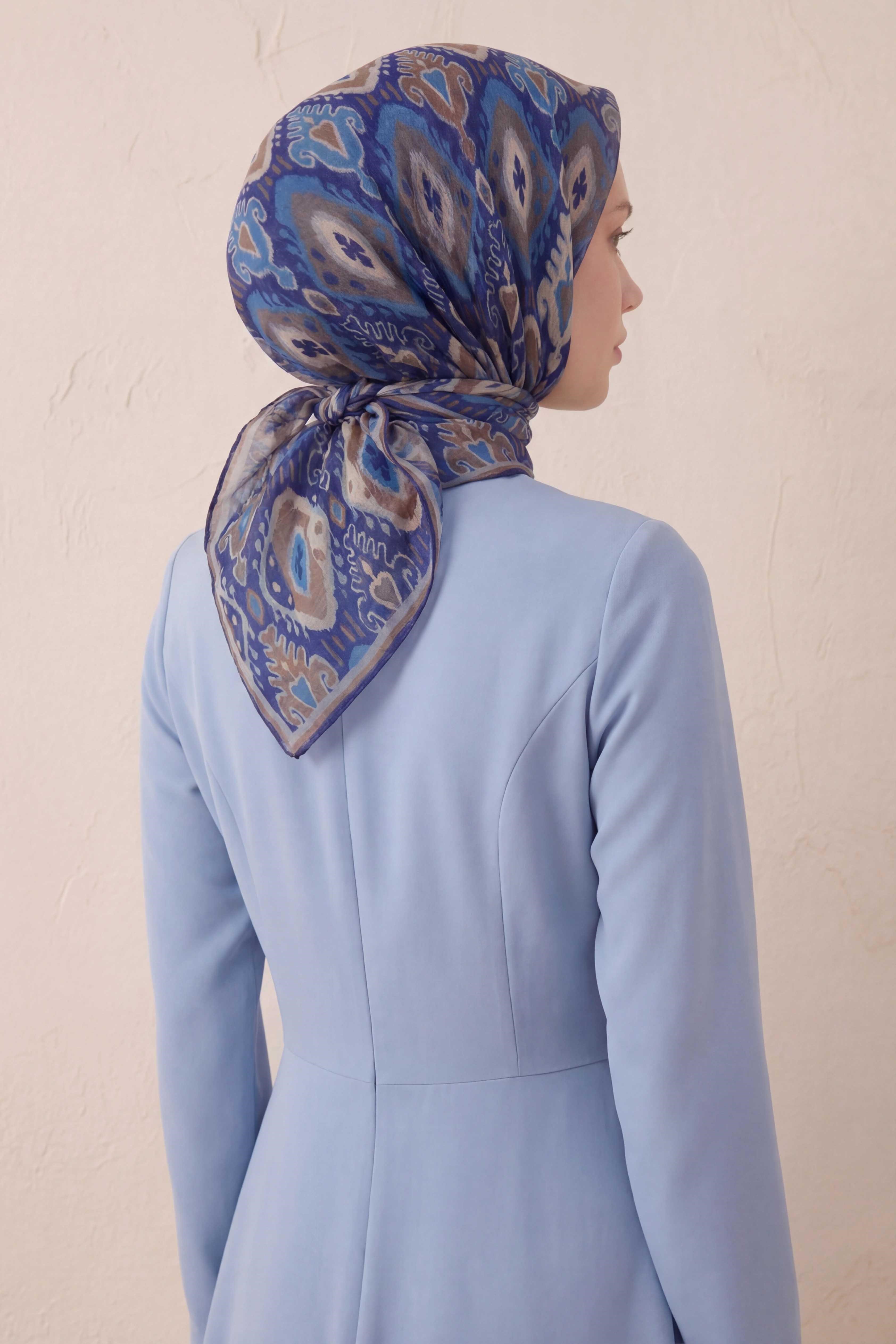 Pamuk Karışımlı Soft Eşarp Baklava Desen Saks Mavi 90x90