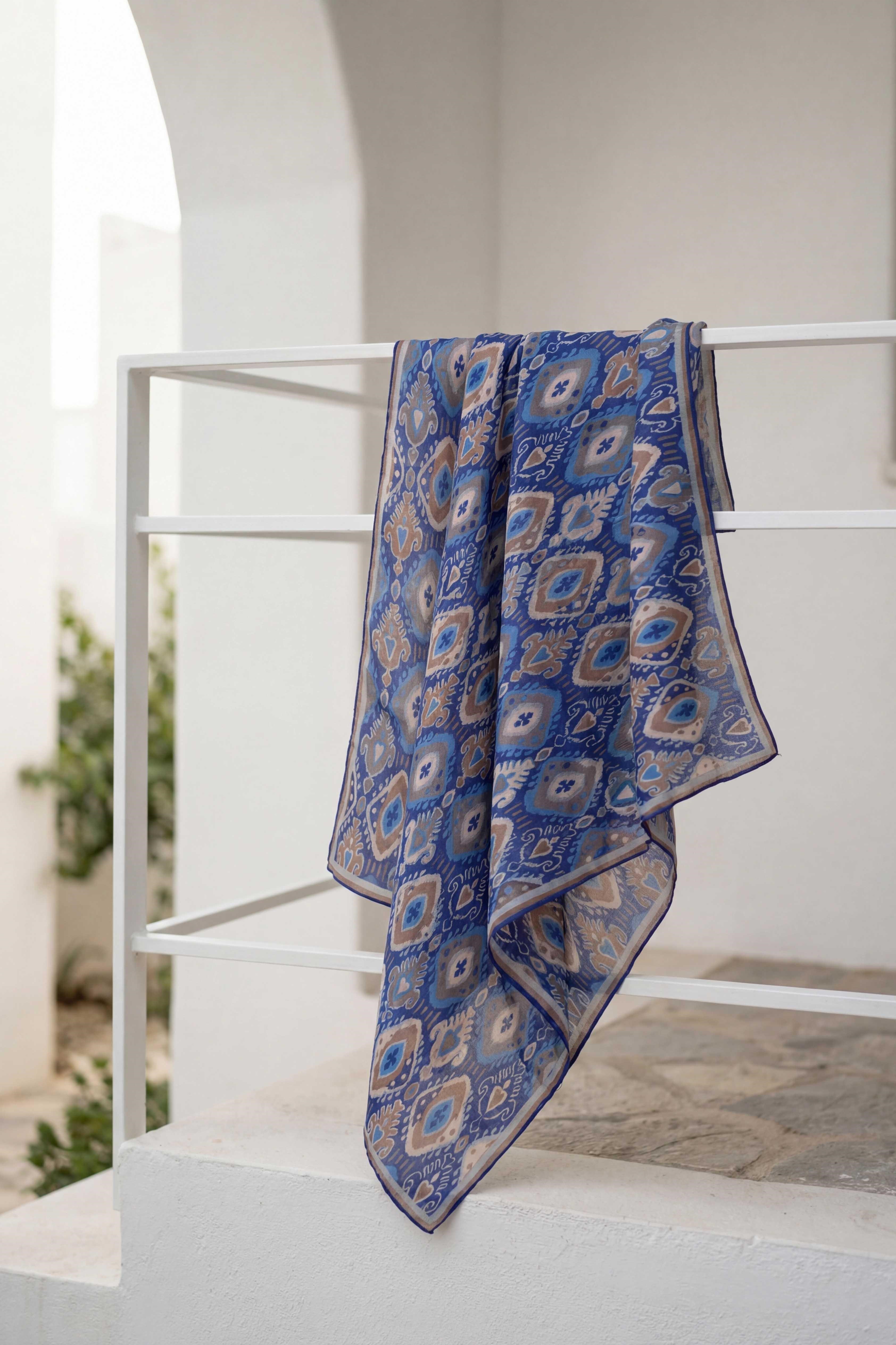 Pamuk Karışımlı Soft Eşarp Baklava Desen Saks Mavi 90x90