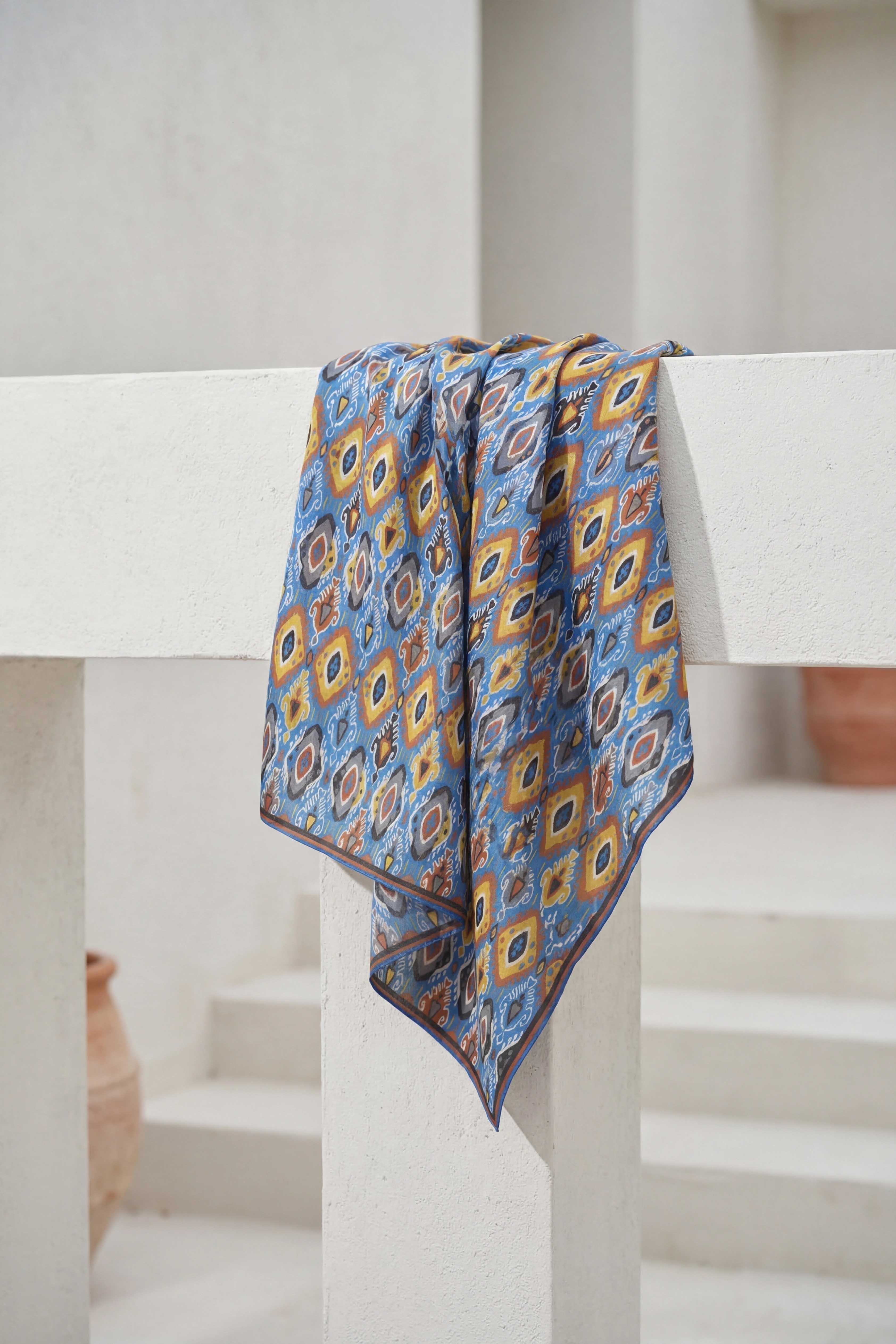 Pamuk Karışımlı Soft Eşarp Baklava Desen Mavi 90x90