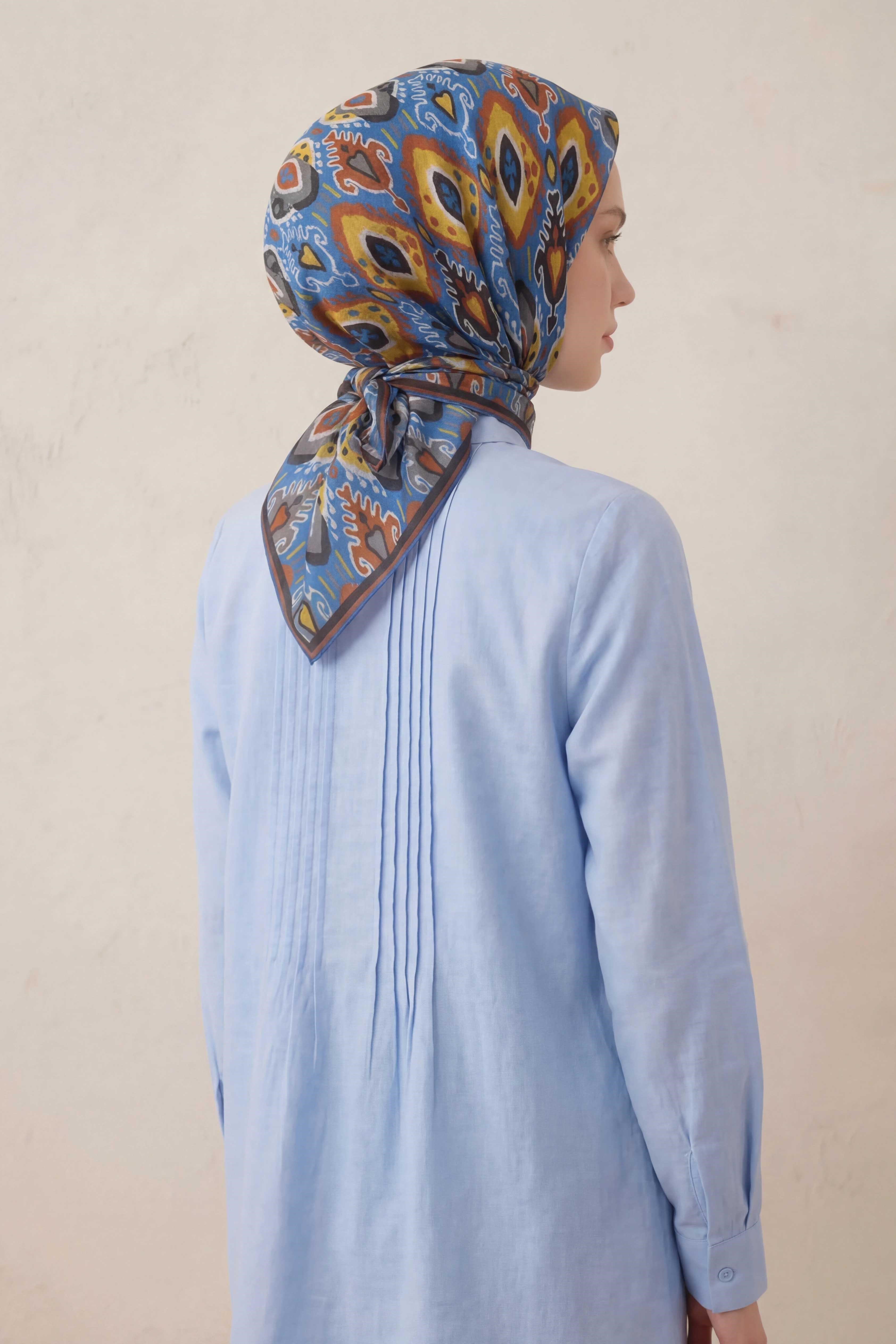 Pamuk Karışımlı Soft Eşarp Baklava Desen Mavi 90x90