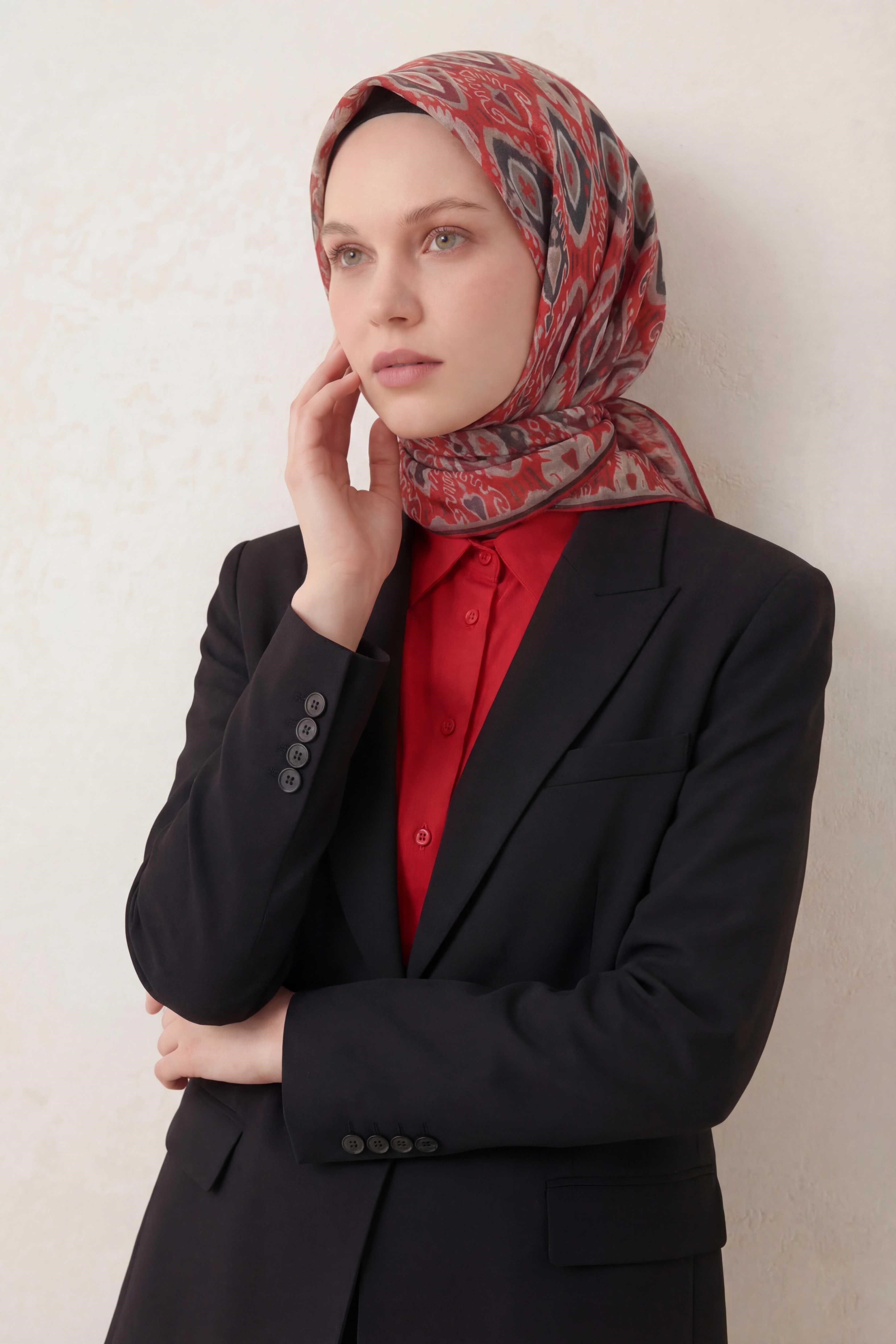 Pamuk Karışımlı Soft Eşarp Baklava Desen Bordo 90x90