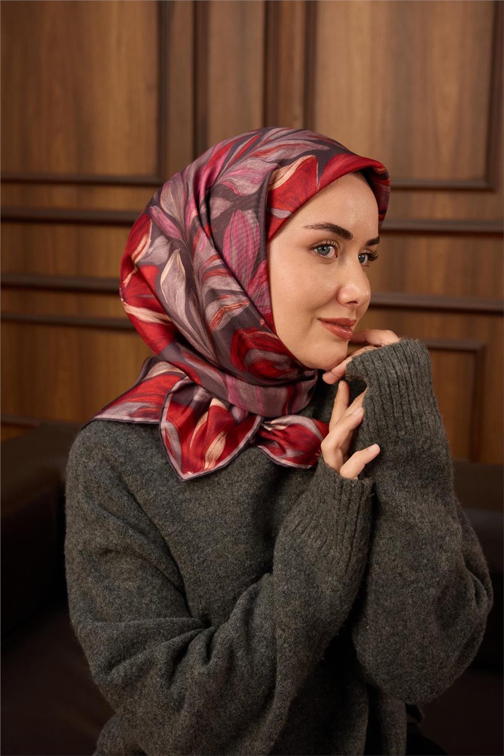 Twill İpek Eşarp Mor-Pastel Mor-Kızıl Turuncu-Pembe Desenli Tok Duruşlu 90x90