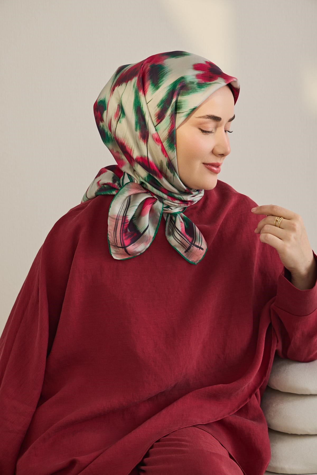 Twill İpek Eşarp Soyut Çiçek Desen Fuşya 90x90