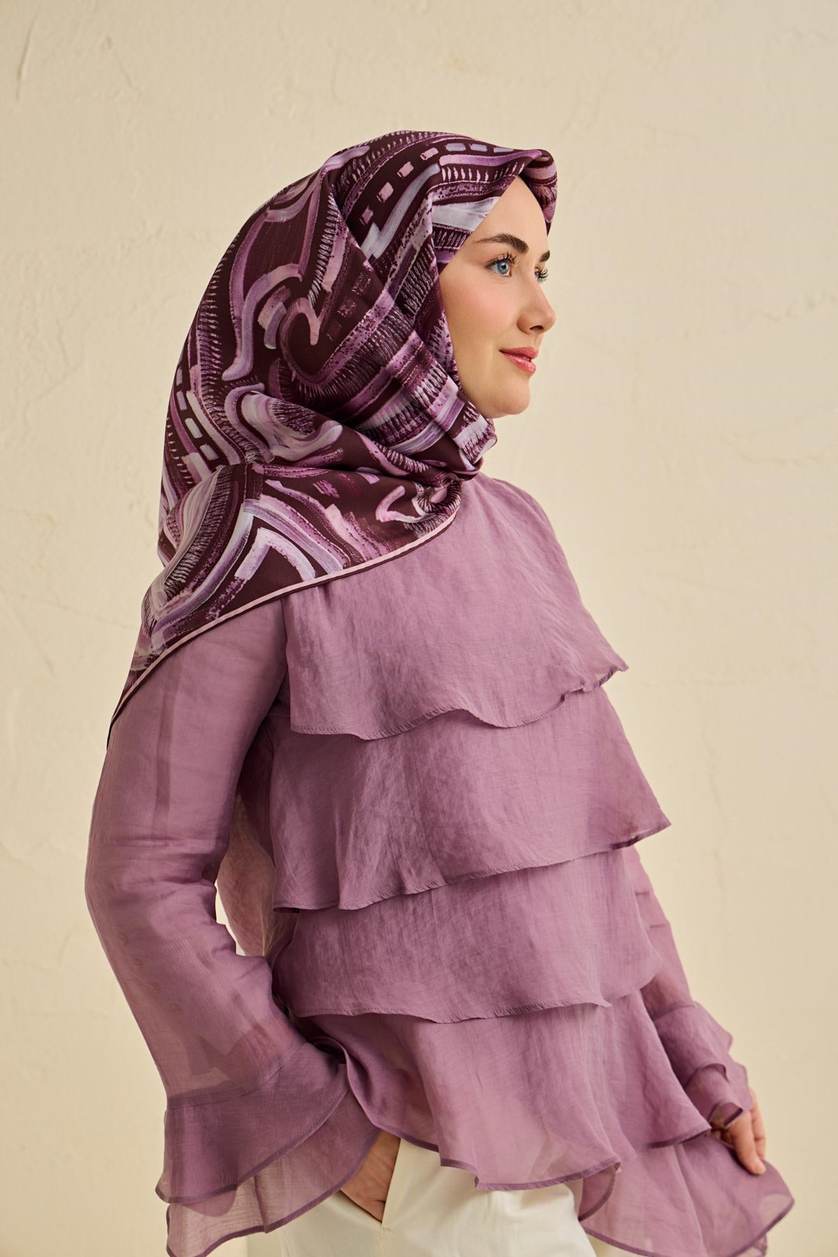 Twill İpek Eşarp Soyut Desen Mürdüm 90x90