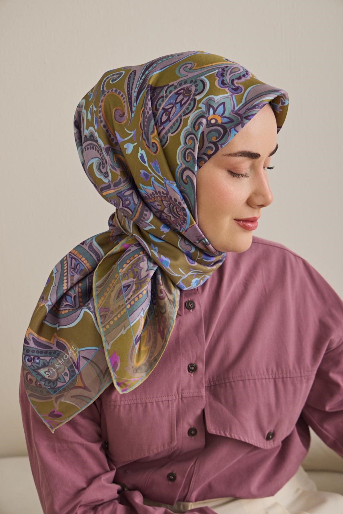 Twill İpek Eşarp Badem Motif Desen Yağ Yeşili 90x90