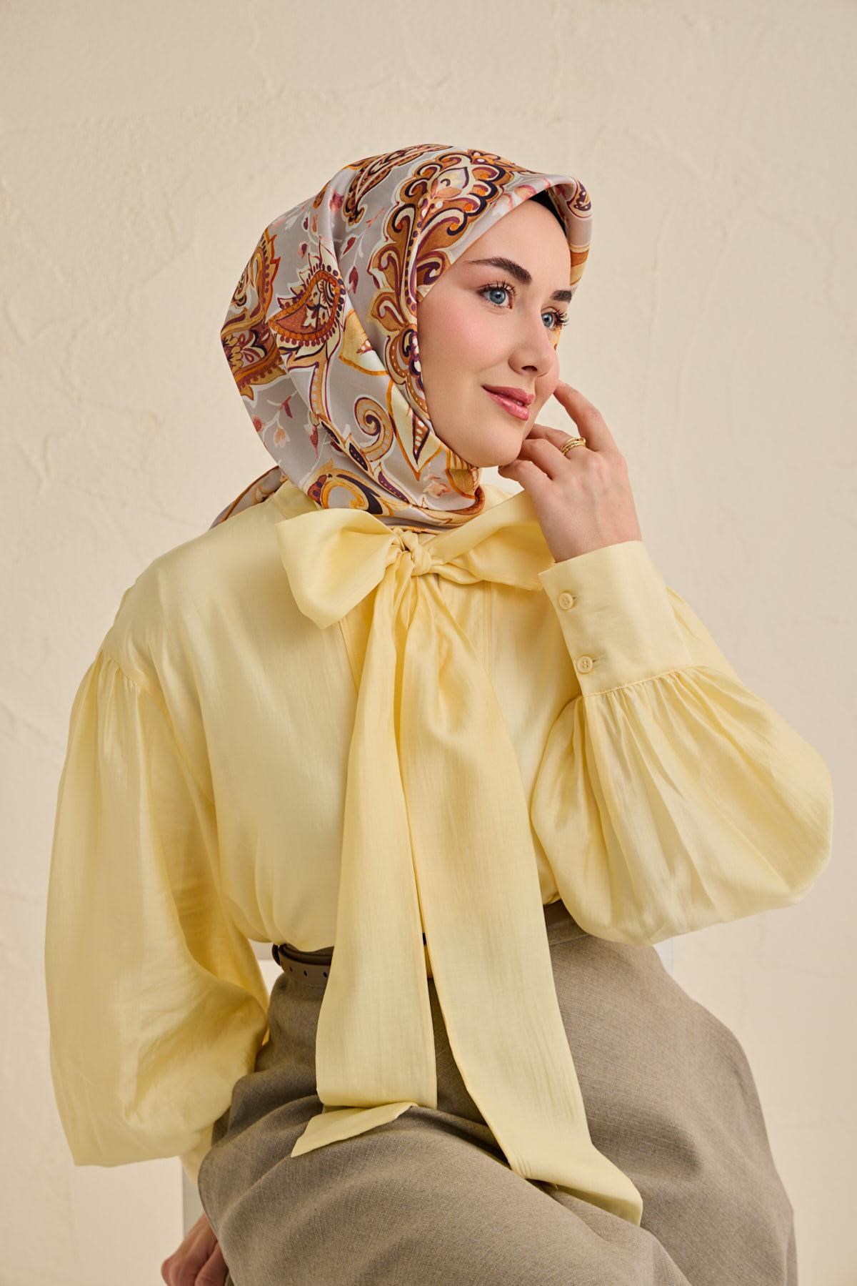 Twill İpek Eşarp Badem Motif Desen Gri 90x90