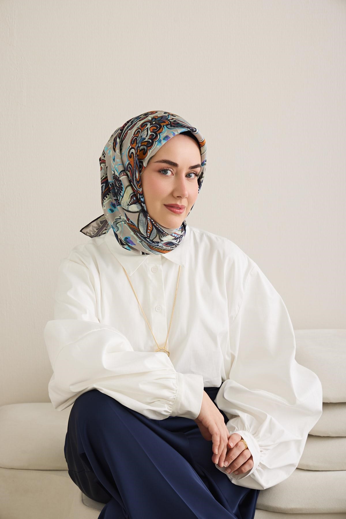 Twill İpek Eşarp Badem Motif Desen Gümüş 90x90