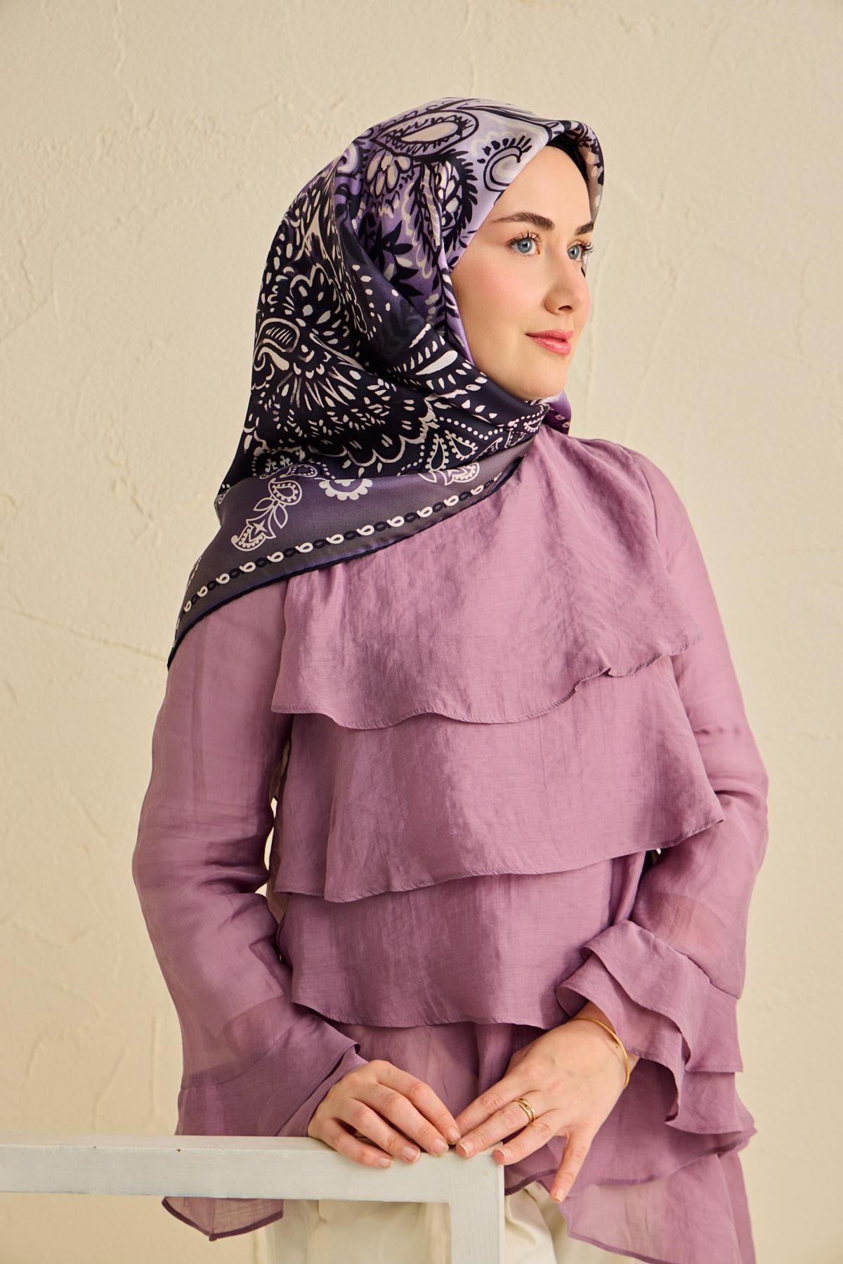 Twill İpek Eşarp Klasik Motif Eflatun 90x90