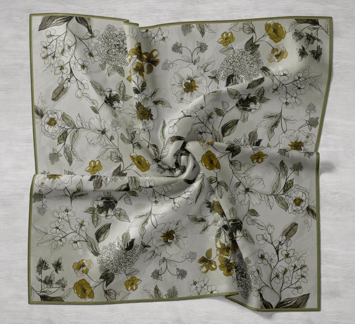 Twill İpek Eşarp Çiçek Rüyası Yeşil Gümüş 90x90