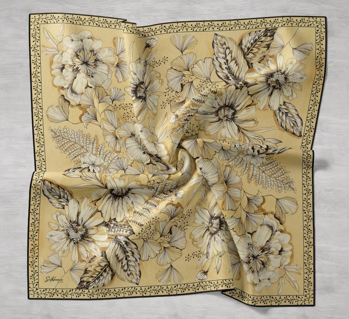 Twill İpek Eşarp Büyük Çiçek Sarı 90x90