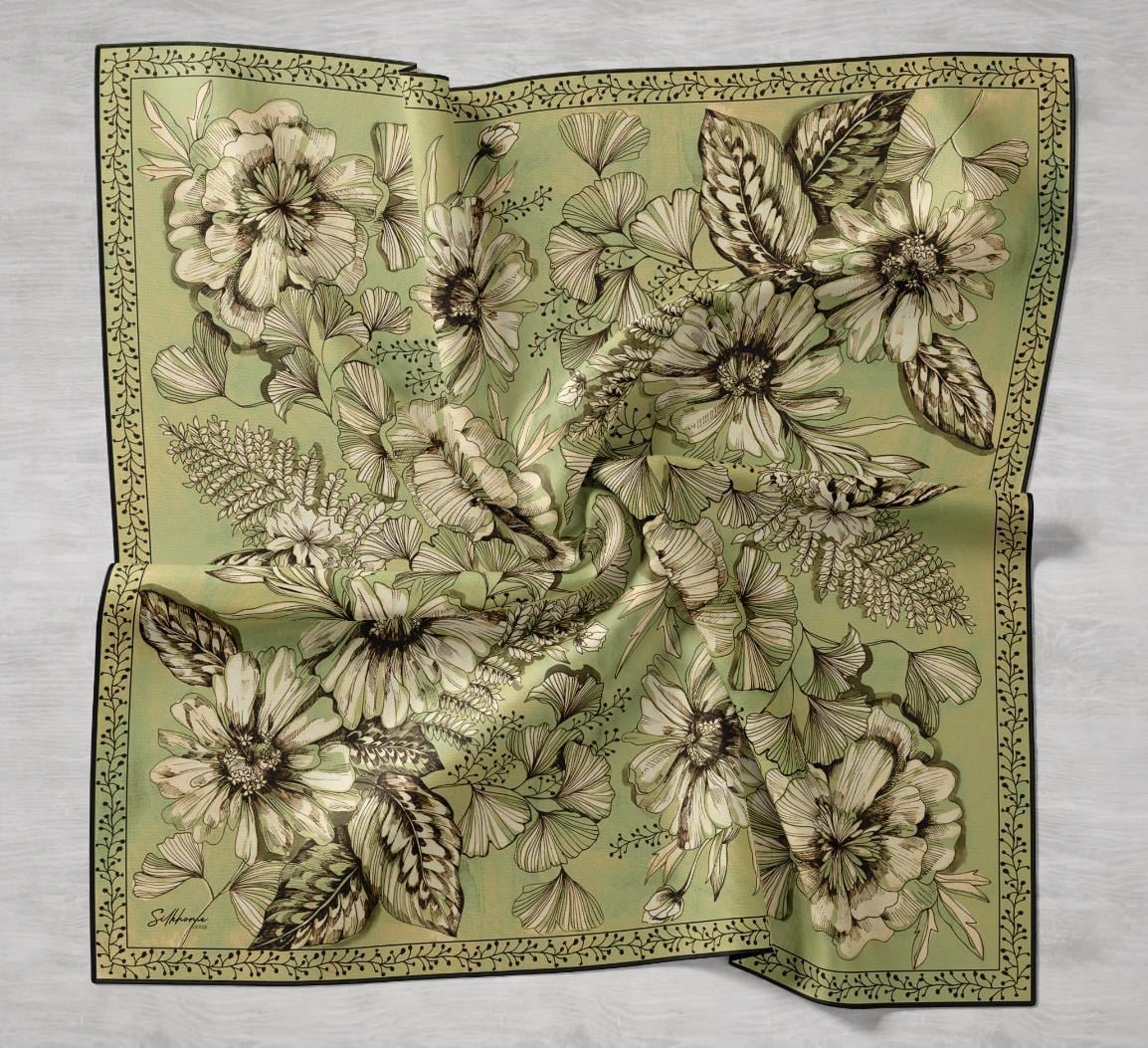 Twill İpek Eşarp Büyük Çiçek Yeşil 90x90