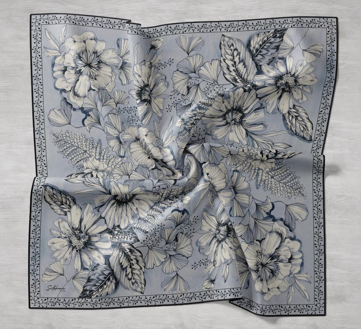 Twill İpek Eşarp Büyük Çiçek Mavi Gri 90x90