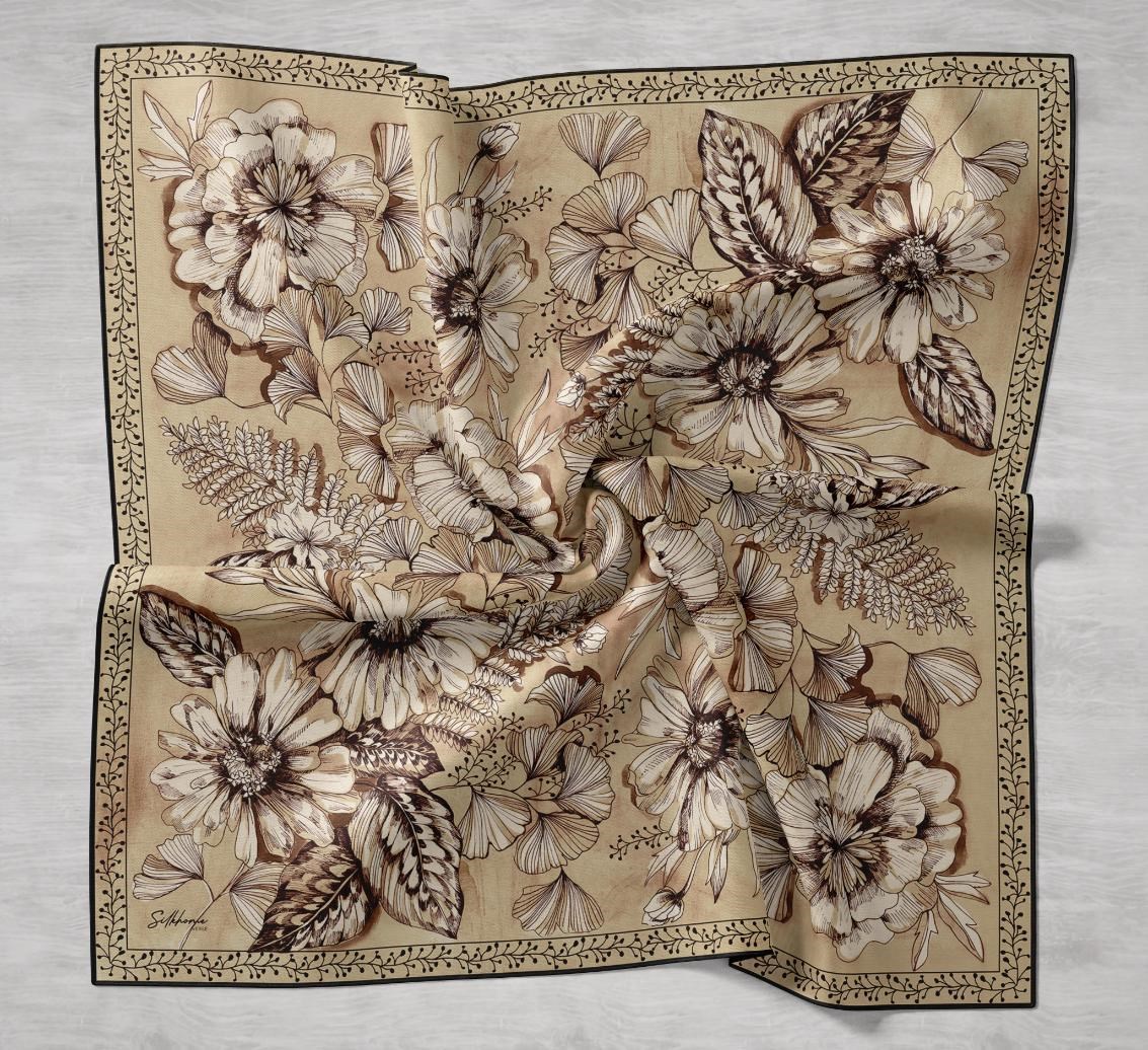 Twill İpek Eşarp Büyük Çiçek Gold 90x90